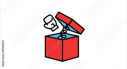 A cartoon head mascot emerges from a red box with a spring inside on a clean white background.