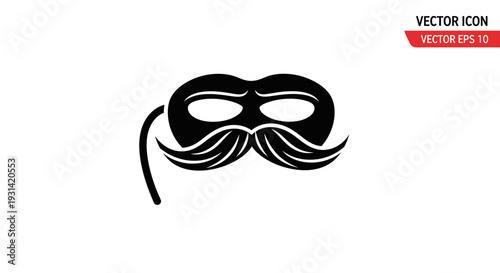 A head mascot icon featuring a black mask with a handle and a stylized mustache on a white background with a simple graphic design.