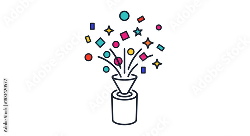 A simple line drawing of a head mascot with colorful shapes and symbols emerging from it on a white background.