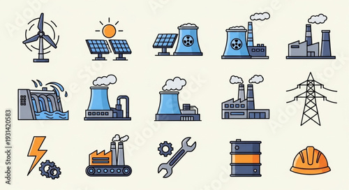 Collection of Industrial Energy Production Icons and Symbols.
