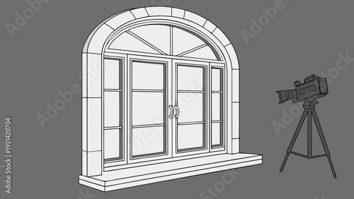 Architectural drawing of an arched window with a camera on a tripod.