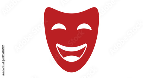 A red comedy tragedy head mascot with a smiling face against a clean white background.