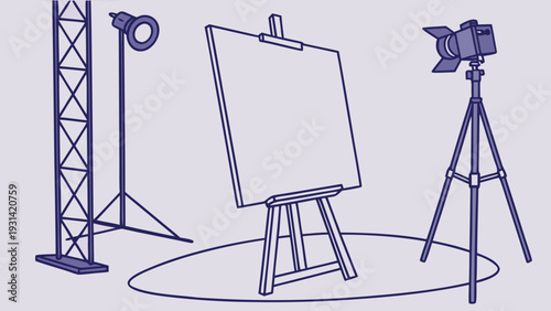 Art Studio Setup with Easel and Lighting Equipment.