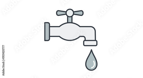 A simple line drawing of a faucet with a single drop of water falling from the spout against a clean white background.