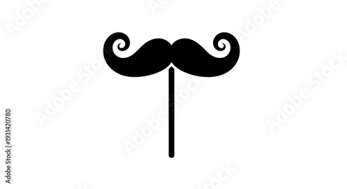 A black mustache head mascot on a stick against a white background with a playful and humorous mood.