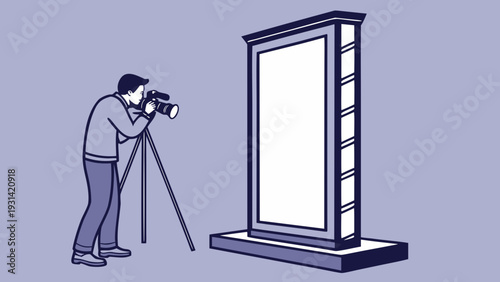 Photographer Capturing a Blank Vertical Billboard on a Tripod.