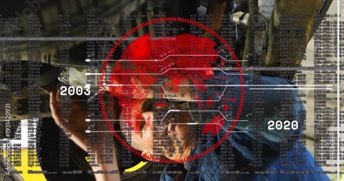 Auto mechanic checking underbody while vehicle rising turning bolts timeline growing tech joining