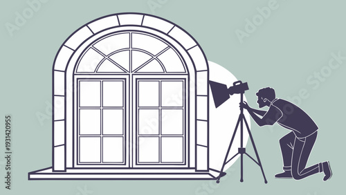Photographer capturing a window with professional lighting setup illustrating interior photography techniques.