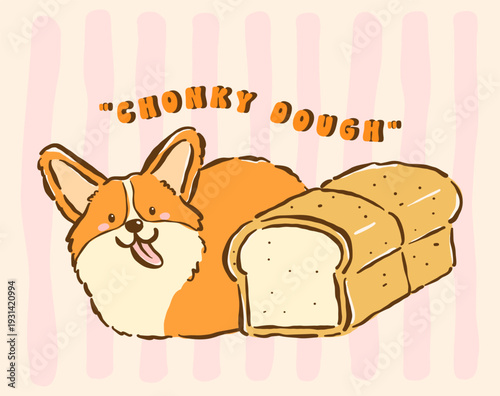 Cute kawaii corgi sploot next to loaf bread whimsical hand drawn cartoon doodle