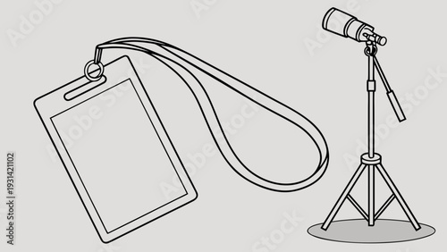 Press Pass and Microphone Stand Outline Illustration.