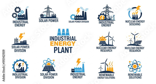 Collection of industrial energy plant icons and symbols.