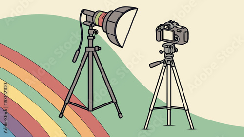 Professional Photography Studio Equipment Setup with Camera and Softbox on Tripods.