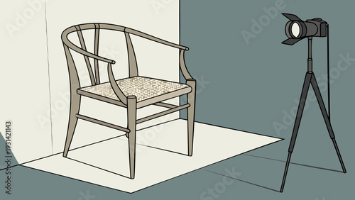 Professional studio setup for product photography with a chair and lighting equipment.
