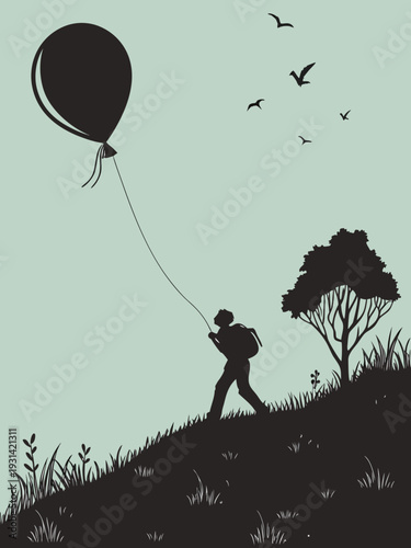 Silhouette of a person holding a large balloon on a hill with birds flying above.