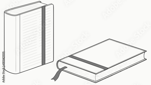 Two books one standing upright and one lying flat both with bookmarks in a simple line drawing style.