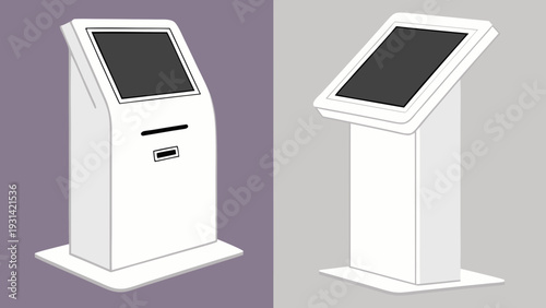 Two white selfservice kiosks with blank screens for interactive information and transactions.