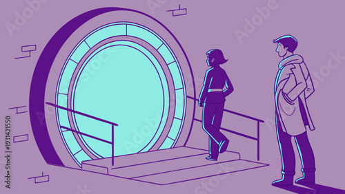 Two people standing in front of a glowing portal ready to travel through time or space.