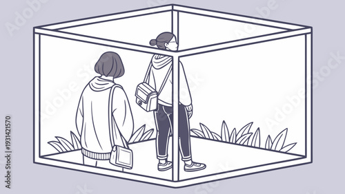 Two women in a transparent box feeling isolated and confined.