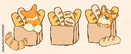 Kawaii corgi in bread loaf paper bag set whimsical hand drawn cartoon doodle