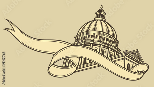 Vintage Engraving of Grand Dome Building with Elegant Ribbon Banner.