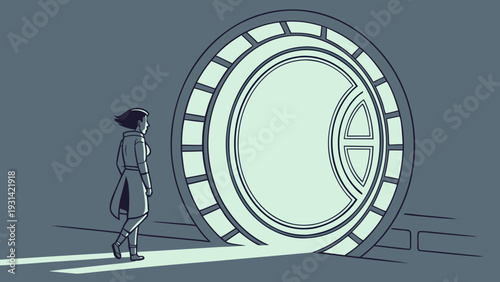 Woman standing before a glowing portal contemplating a new journey.