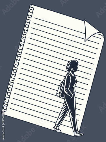 Woman walking on lined paper representing education and personal journey.