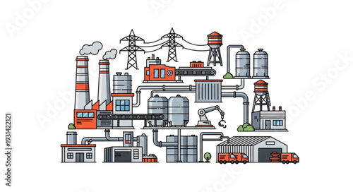 Industrial factory complex with multiple buildings and machinery.