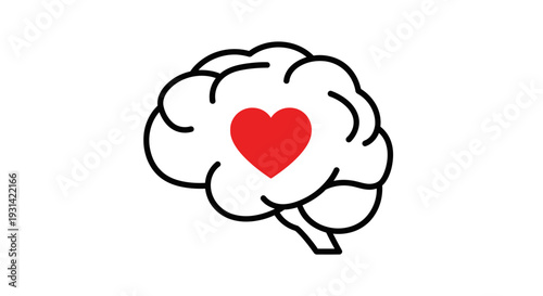A simple line drawing of a brain with a red heart inside on a white background.