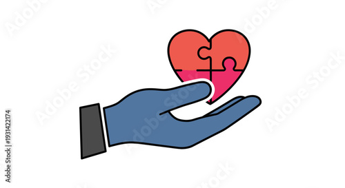 A blue hand holding a red heart-shaped puzzle piece against a white background with a symbolic gesture.