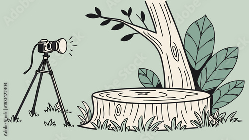 Camera on tripod photographing a tree stump in a natural outdoor setting.