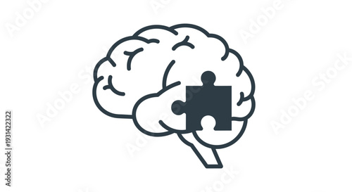 A minimalist line drawing of a brain with a puzzle piece in place on a clean white background, conveying a sense of mental completion.