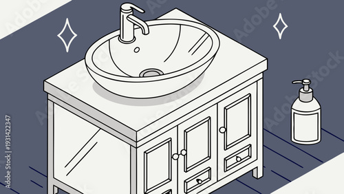 Clean and shiny bathroom vanity with sink and soap dispenser.