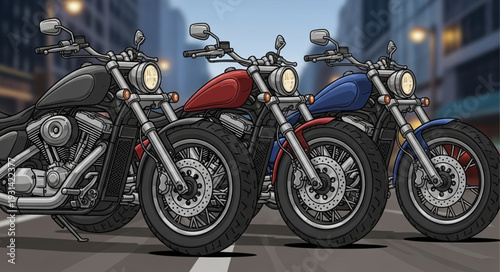 Three custom cruiser motorcycles parked in a row on a city street.