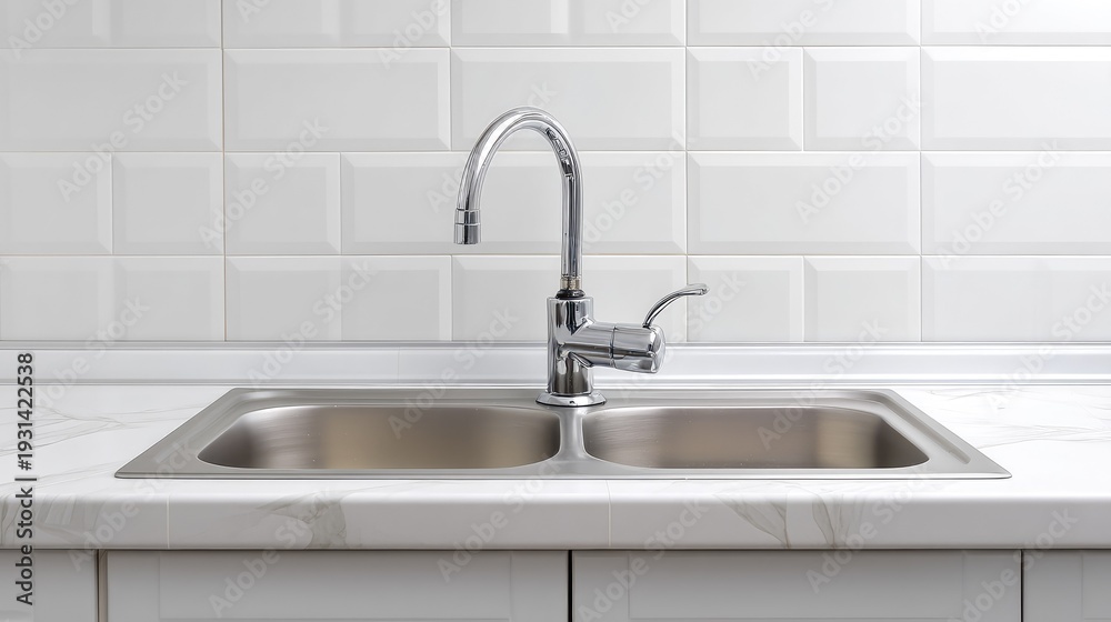 Fototapeta premium Modern stainless steel kitchen sink with sleek faucet design and elegant countertop surrounded by white textured wall tiles for contemporary interiors