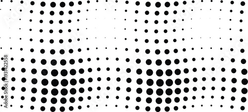Dynamic halftone pattern creates an intriguing visual effect with varying black dots on a bright white surface