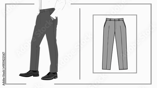 Detailed illustration of mens trousers showcasing both side and front views for fashion design.