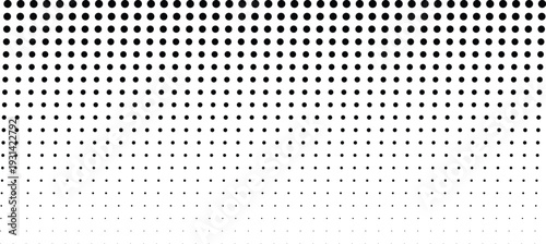 Halftone pattern of black dots displaying a clear top to bottom vertical size gradient on a white surface