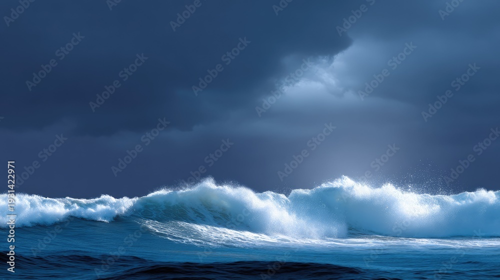 Fototapeta premium Dramatic Dark Ocean Waves with Cloudy Sky at Dusk, Creating a Mysterious and Powerful Atmosphere over the Deep Blue Waters