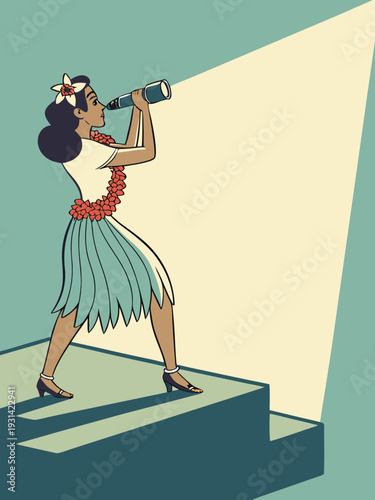 Hawaiian woman with telescope looking for opportunities.