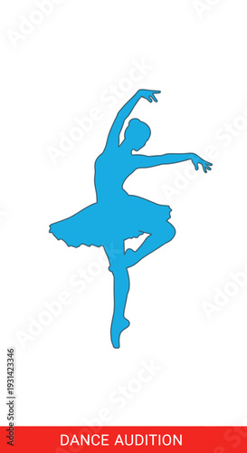 A blue silhouette of a ballet dancer in a poised dance position against a white background with a red dance audition banner.