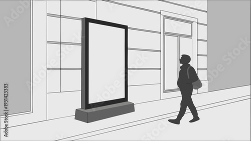 Man walking past a blank billboard on a city street.
