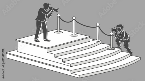 Paparazzi photographers capturing celebrity moments on a red carpet stage with ropes.