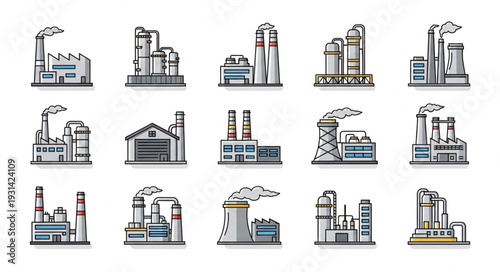 Collection of Industrial Factory Buildings with Smokestacks.