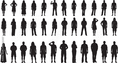 Black silhouettes of thirty diverse human figures in standing poses, showcasing posture, gestures, clothing styles, and demographic variety for design, illustration, and study purposes.