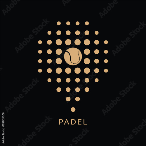 Modern padel logo featuring dot paddle shape with center ball accent in gold on black. Professional and premium design for clubs and tournaments.