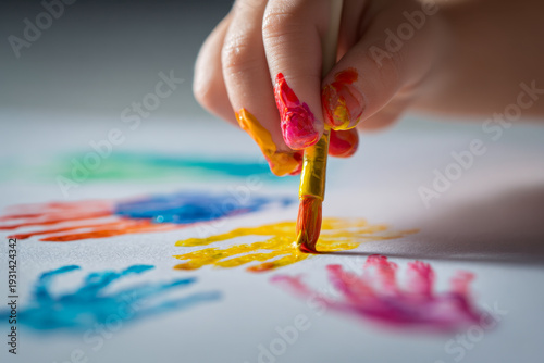 Child's hand covered in colorful paint creating vibrant handprints with a paintbrush on white paper in a playful and creative art activity session
