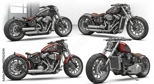 Four Custom Motorcycles Displayed in a Studio Setting.