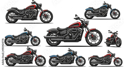 Collection of Modern Cruiser Motorcycles in Various Colors.