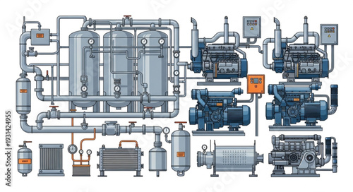 Industrial water purification system with pumps and tanks.