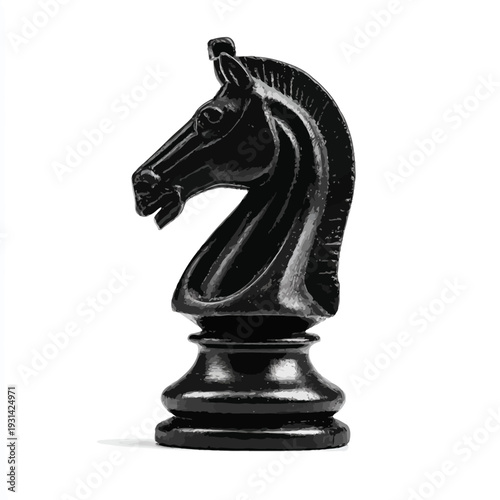 Black knight chess piece isolated on a white background, strategic game concept.
